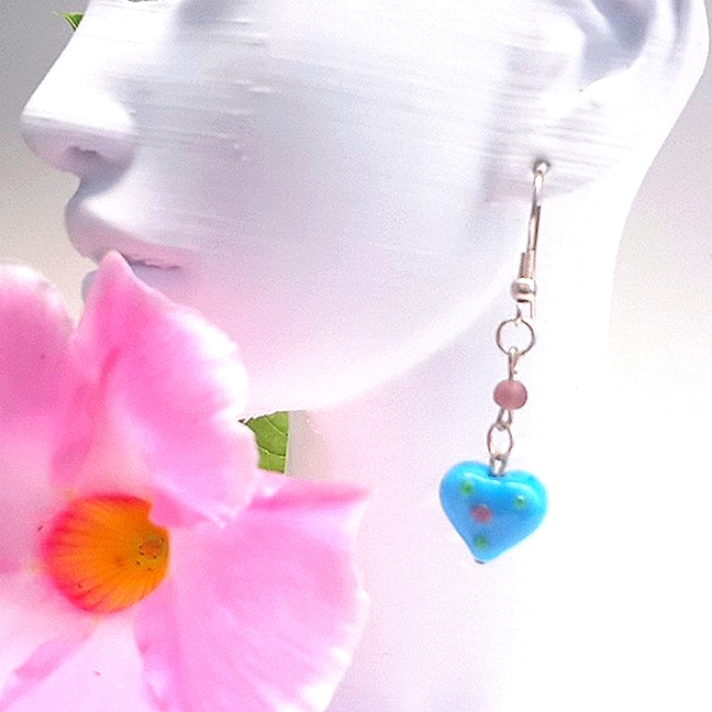Glass Heart Rose Earrings Dangle
